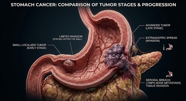 Cross-section of stomach with cancer progression labels: from small localized tumor to advanced late-stage, showing wall invasion, serosal breach, lymph node metastasis, and extragastric spread