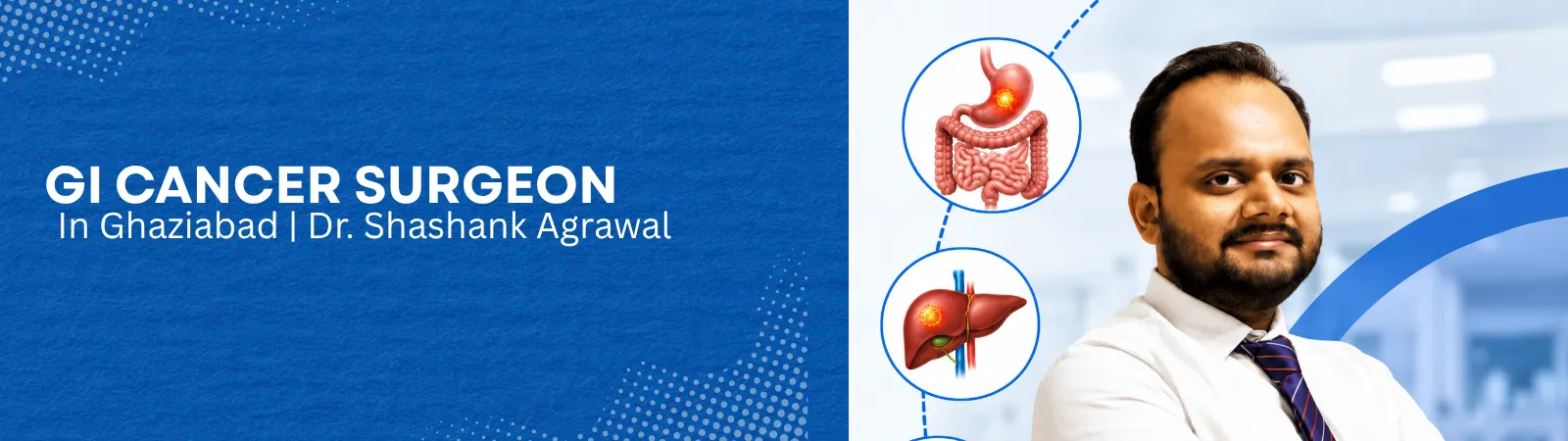 Piles Hemorrhoids Treatment 1 - gisurgeryexpert.com/ Banner for hernia surgery: blue left panel with text, orange curves, and a cross‑section of abdominal tissue with mesh on the right.
